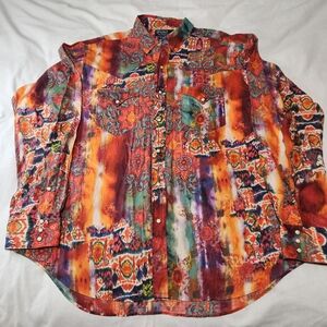 Vintage Sz L 90s Polo Ralph Lauren Western Pearl Snap Psychedelic Shirt Men’s